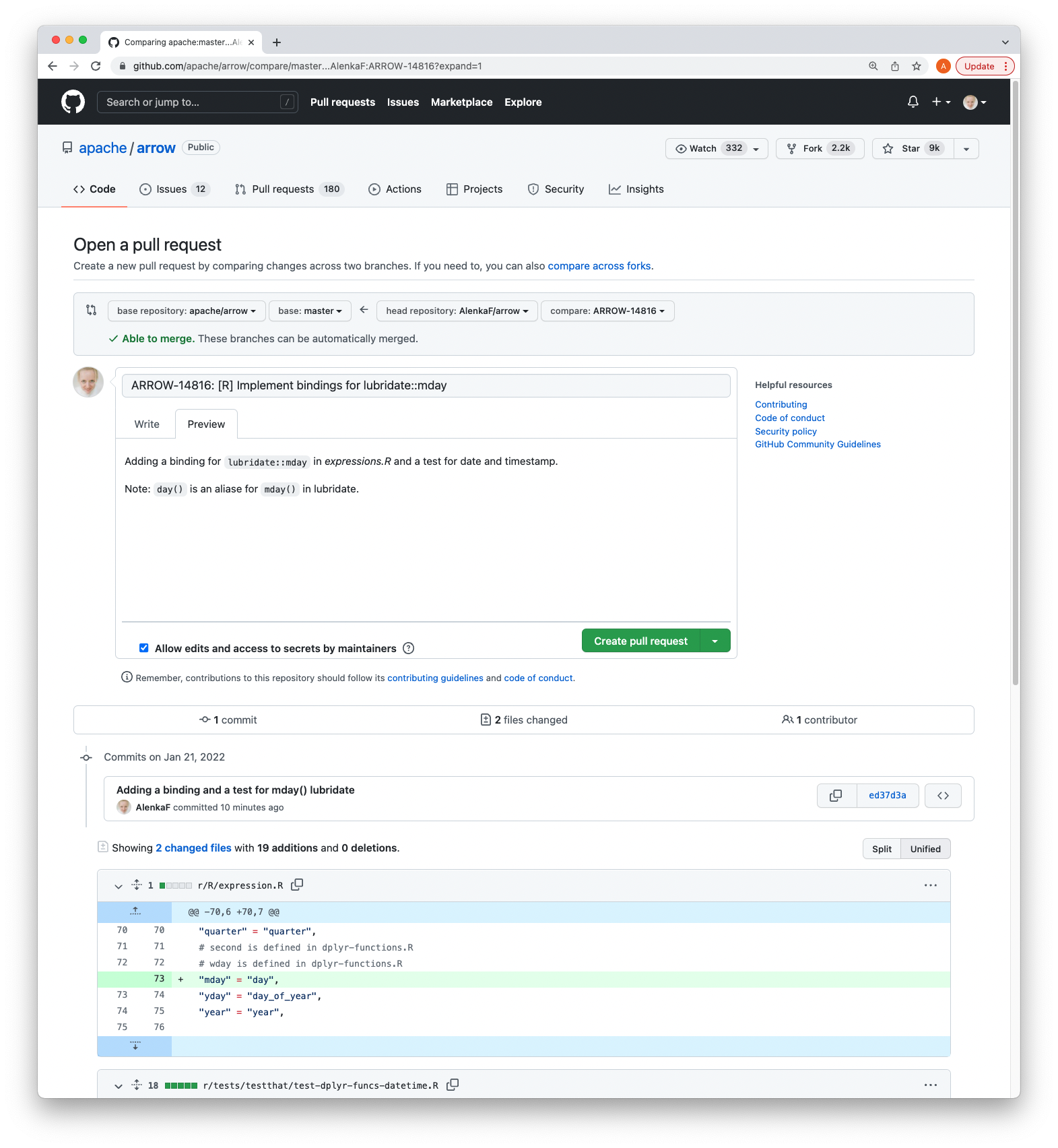 GitHub page of the Pull Request showing the editor for the title and a description.