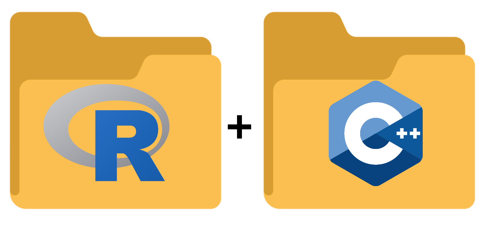 Graphic showing R inside a folder icon, then a plus sign, then C++ logo inside a folder icon