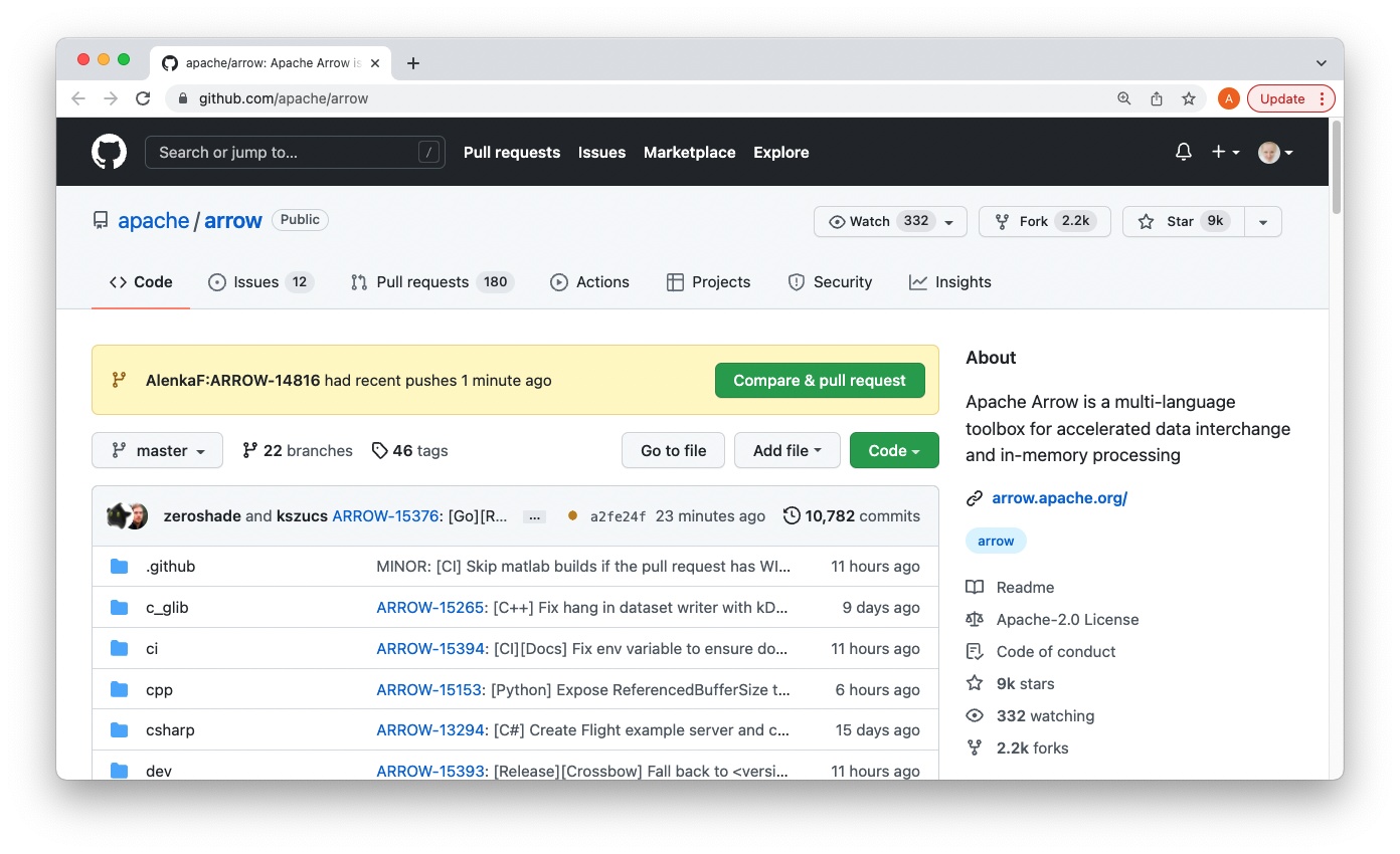 GitHub page of the Apache Arrow repository showing a notice bar indicating change has been made in our branch and a Pull Request can be created.