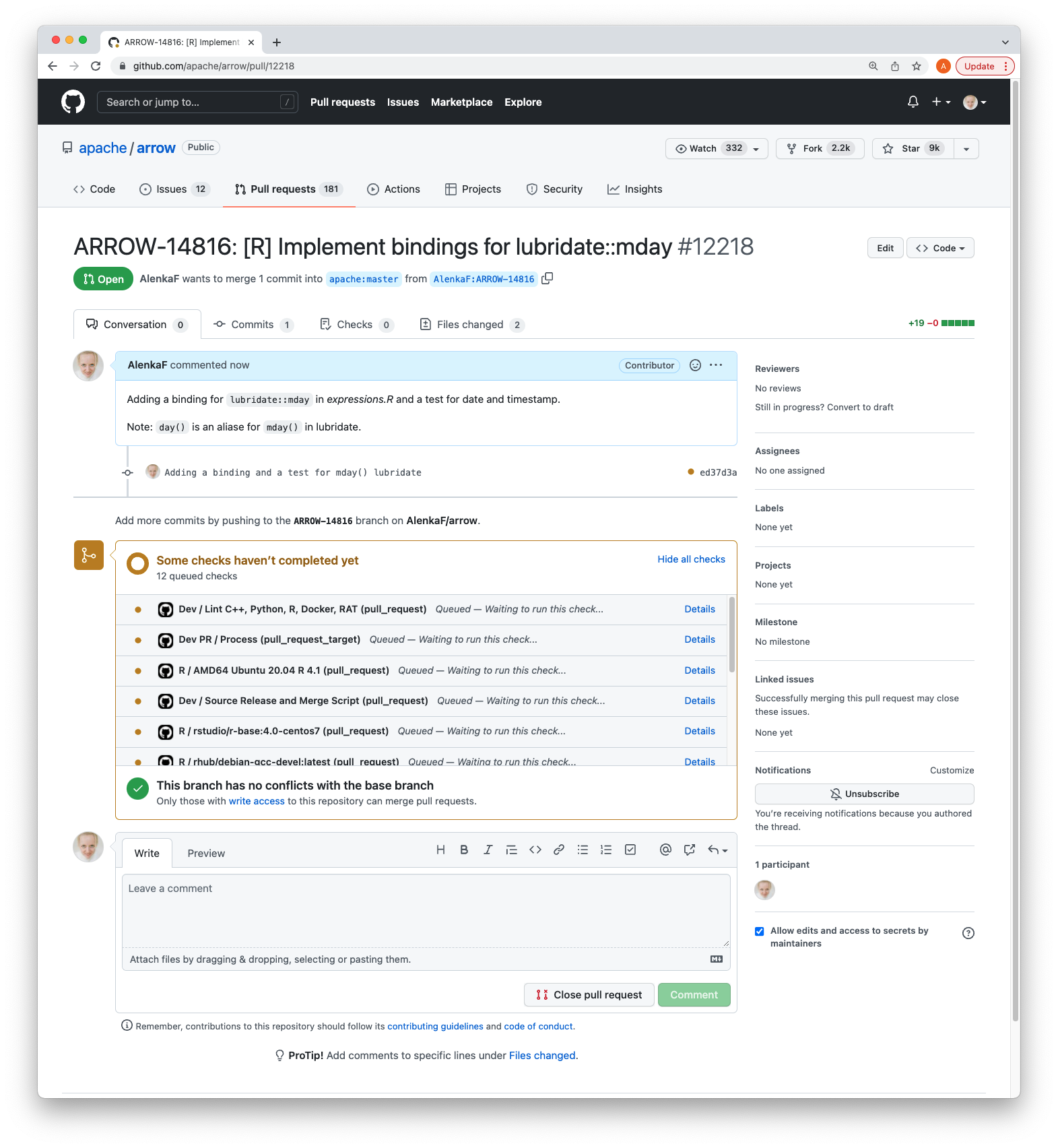 GitHub page of the Pull Request showing the title and a description.