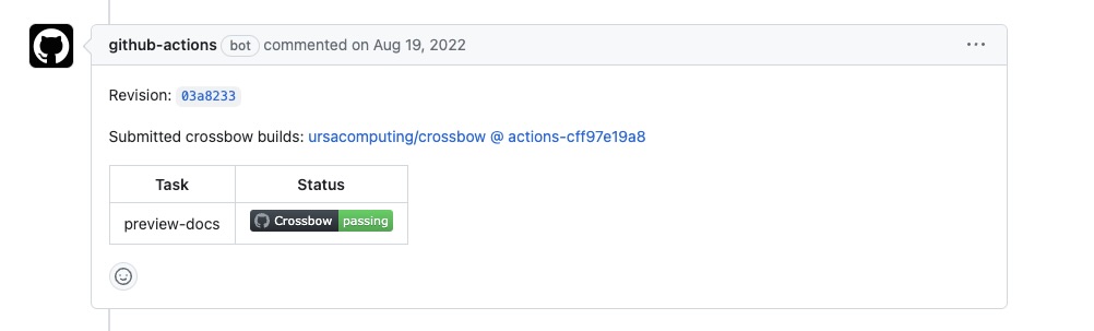 Github-actions response with the crossbow build status.