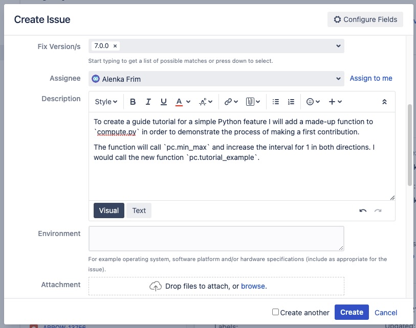 JIRA dashboard with a window for creating a description for the new issue.