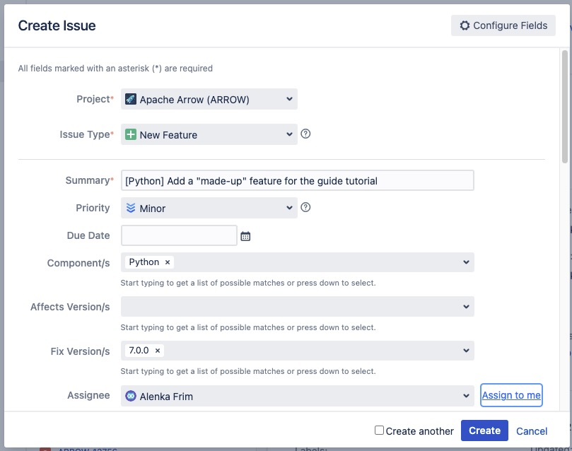 JIRA dashboard with a window for creating a new issue.