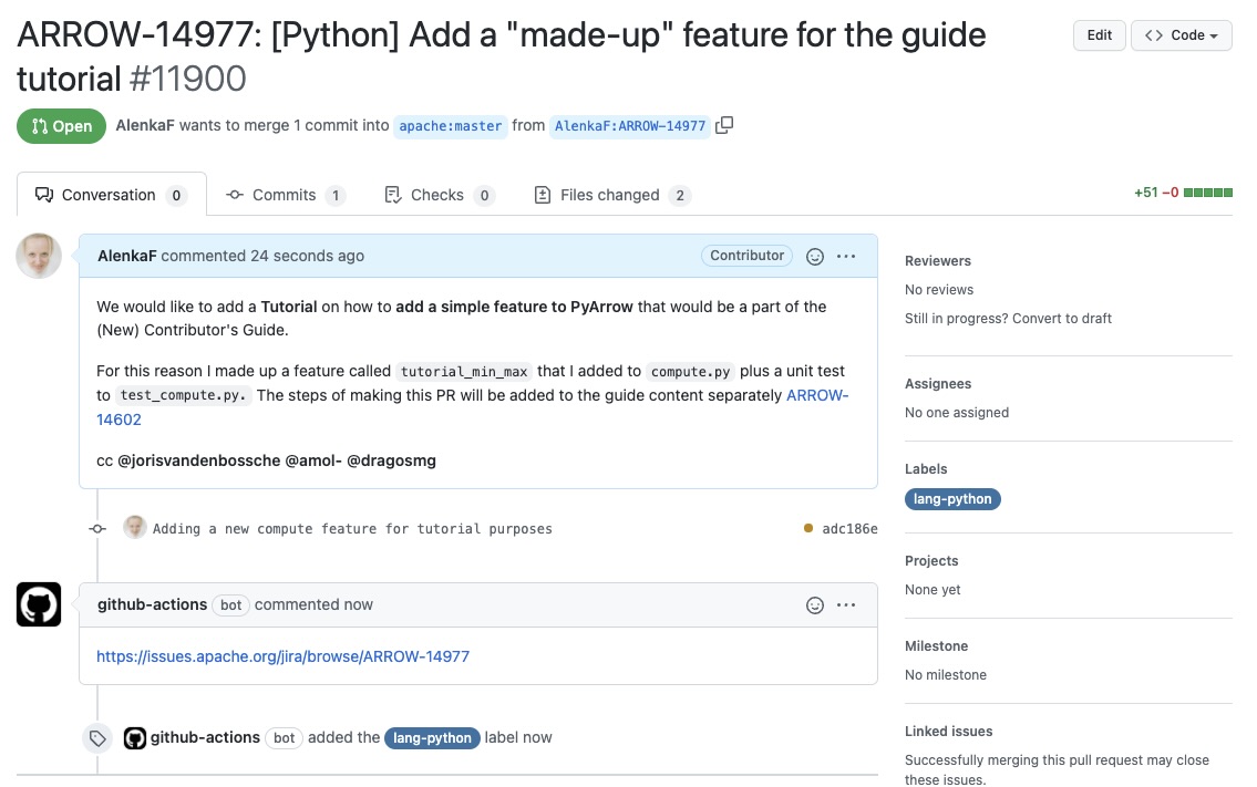 GitHub page of the Pull Request showing the title and a description.