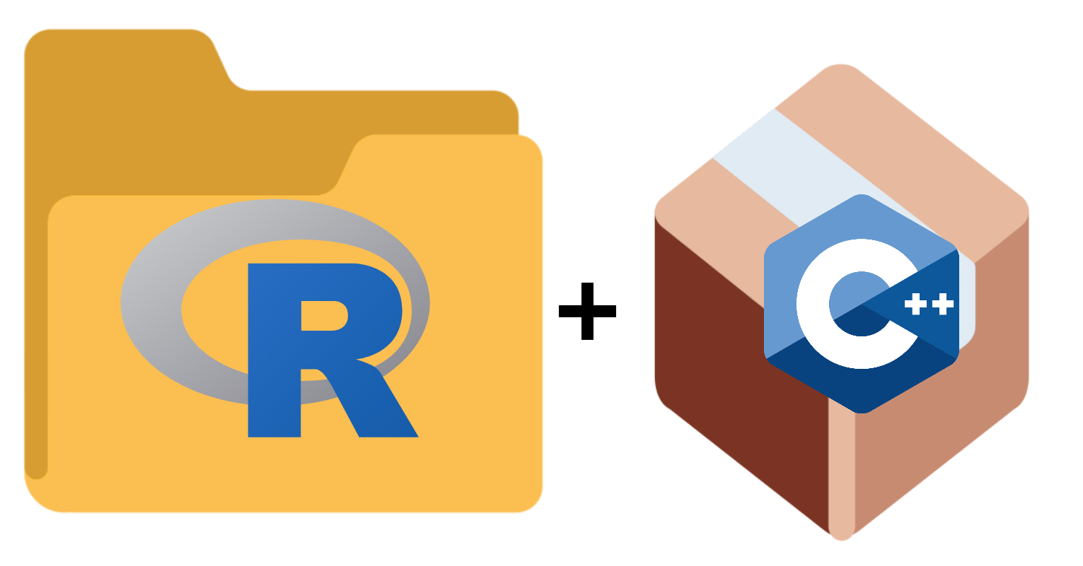 Graphic showing R logo in folder icon, then a plus sign, then C++ logo inside the package icon
