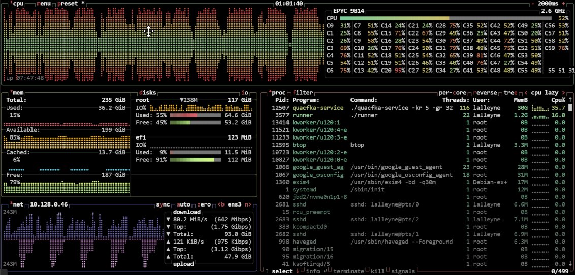 Figure 1: btop utility showing CPU and memory usage of quacfka-service and runner